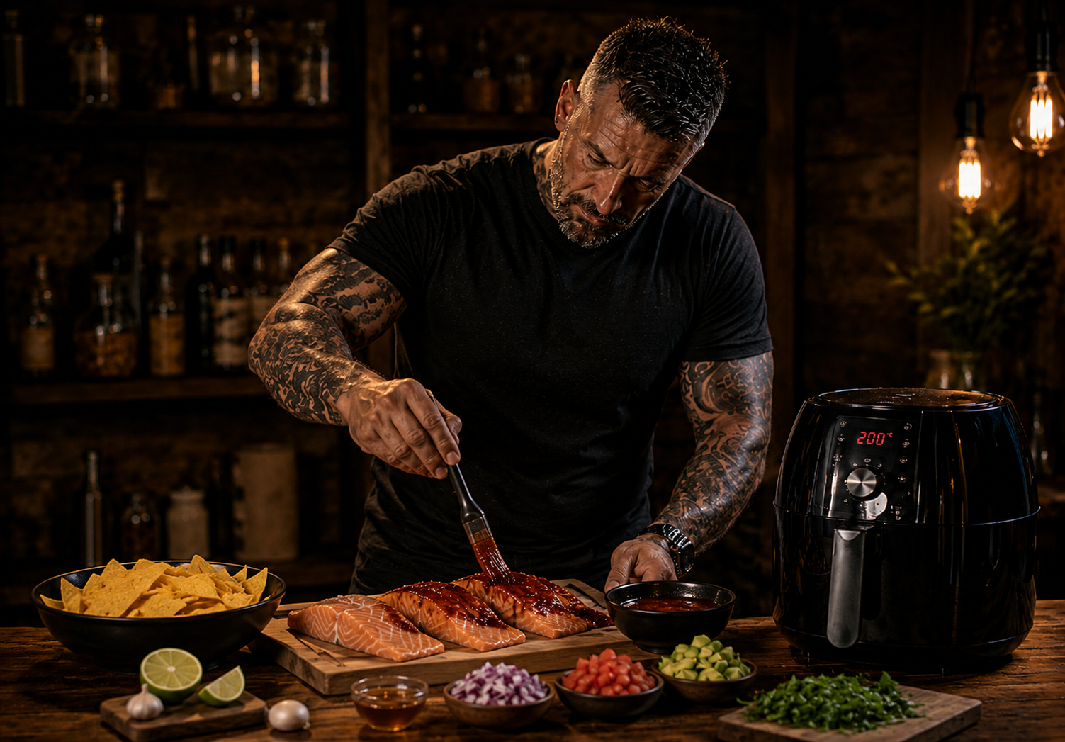 Air-Fryer Mexican Chipotle Salmon Loaded Nachos preparation stage
