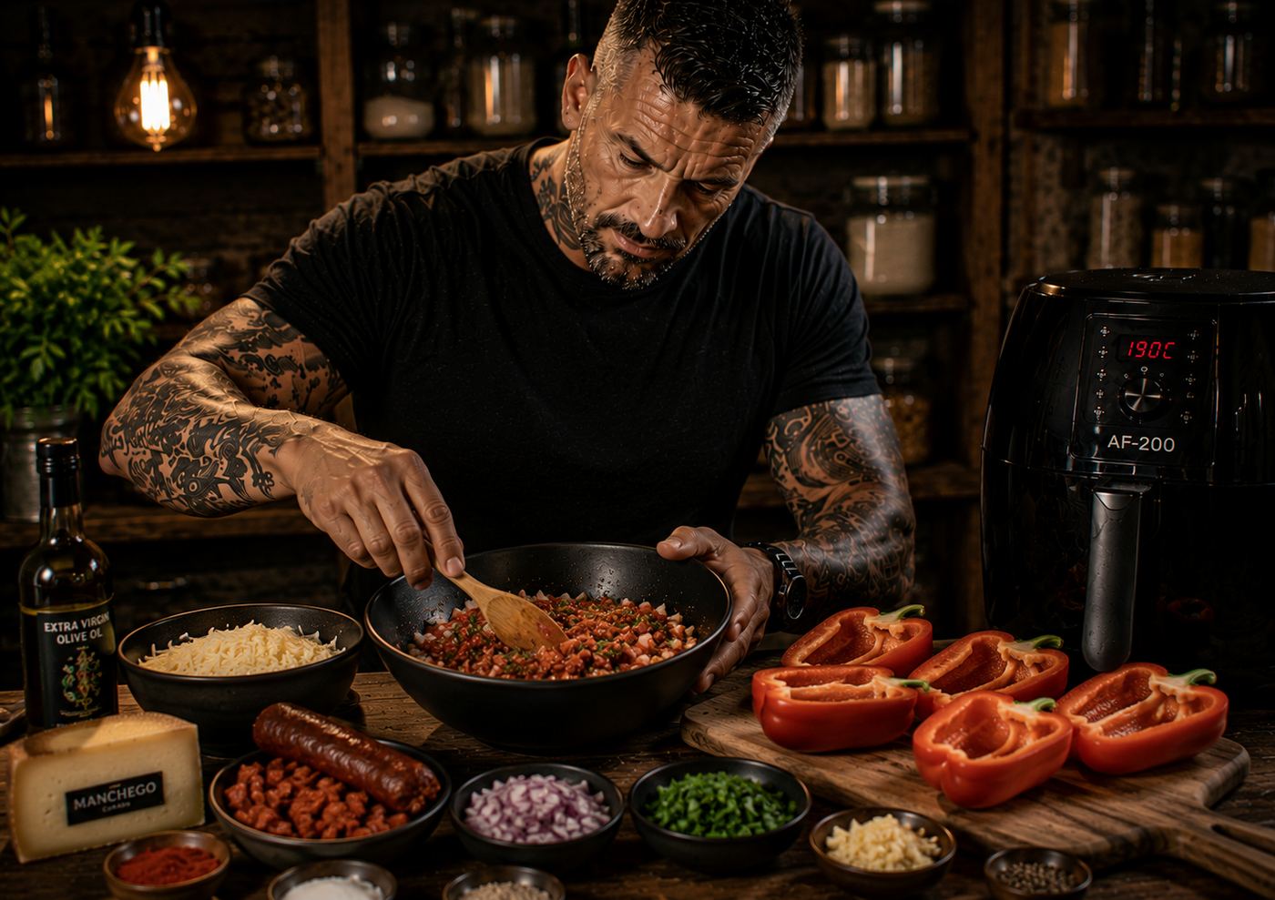 Air-Fryer Chorizo & Manchego Stuffed Peppers preparation stage