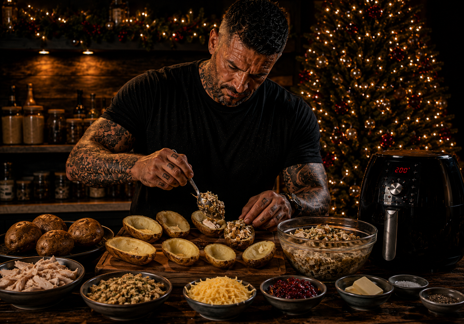Air-Fryer Christmas Dinner Loaded Potato Skins preparation stage