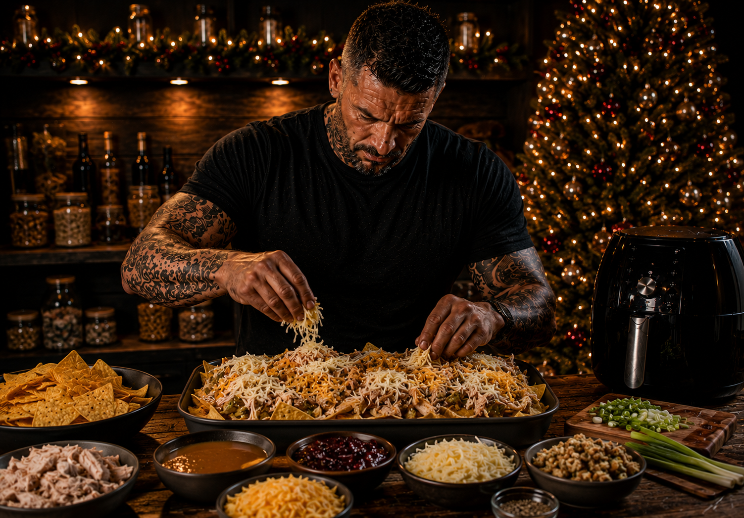 Air-Fryer Christmas Nacho Sharing Tray preparation stage