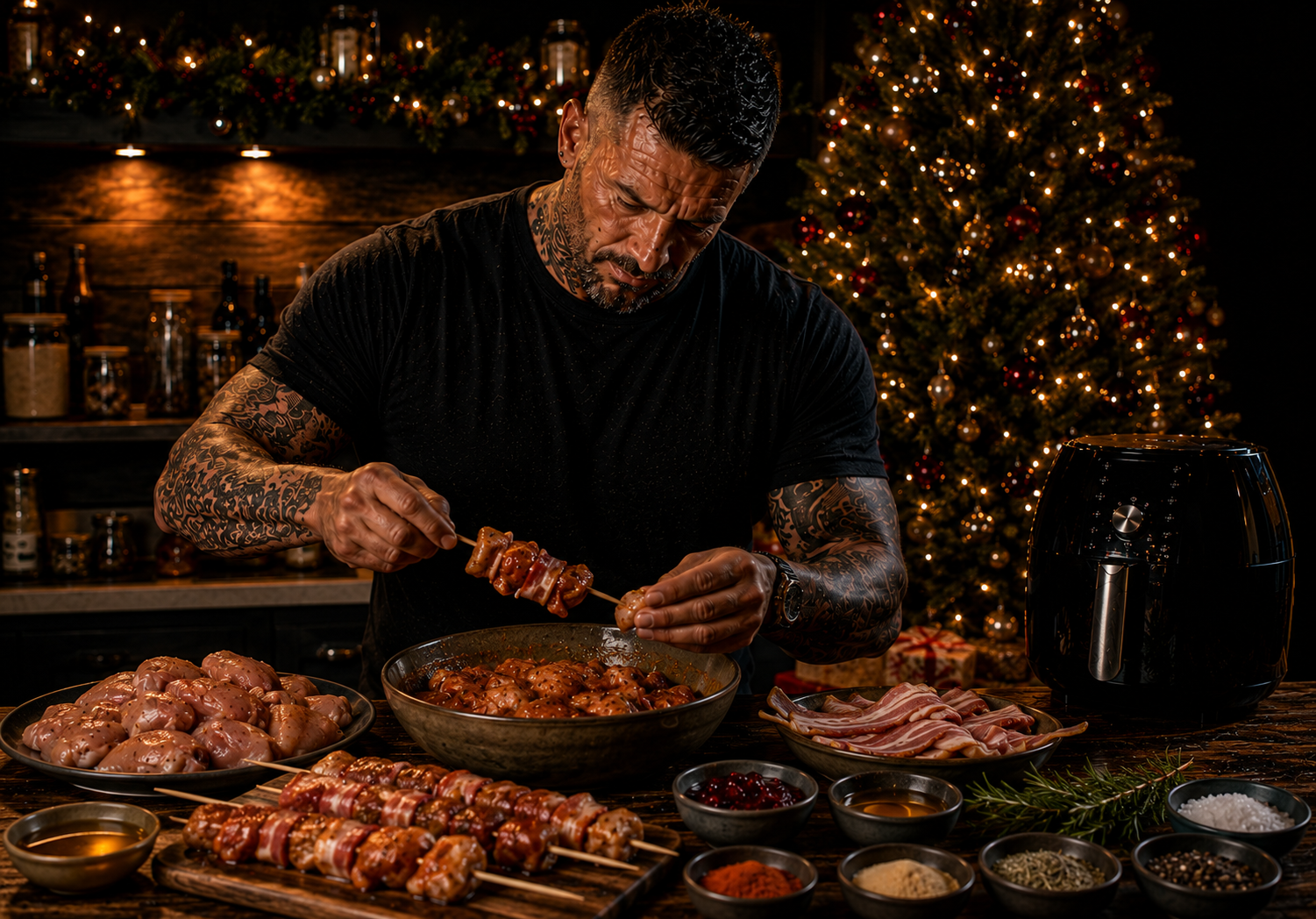 Air-Fryer Christmas Party Chicken Skewers preparation stage