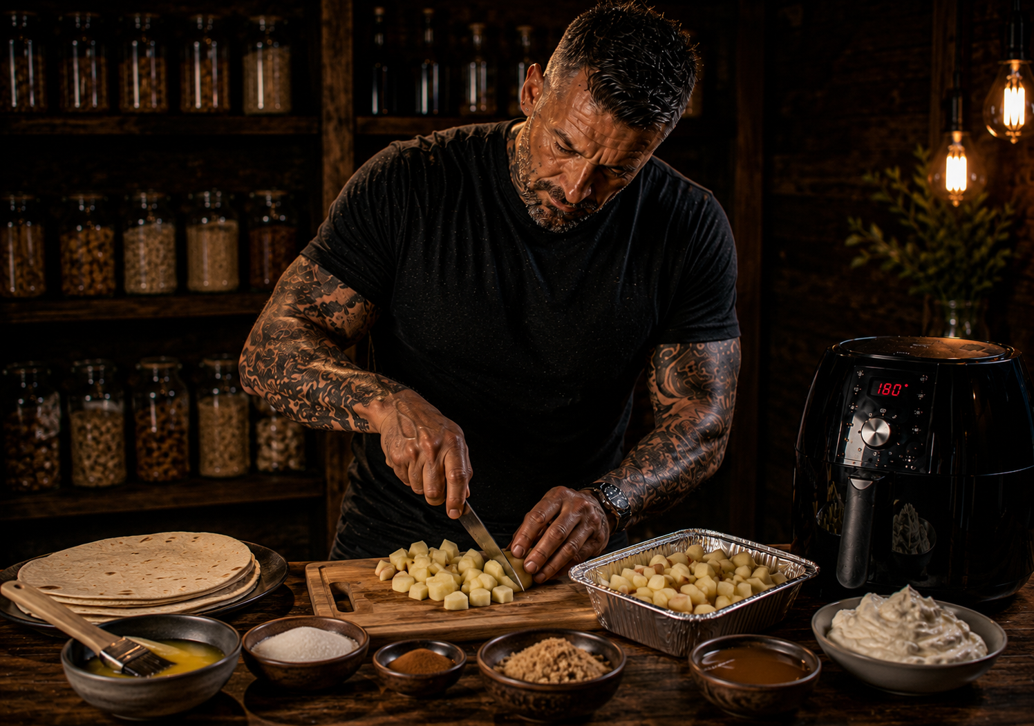 Air-Fryer Cinnamon Apple Pie Nachos preparation stage