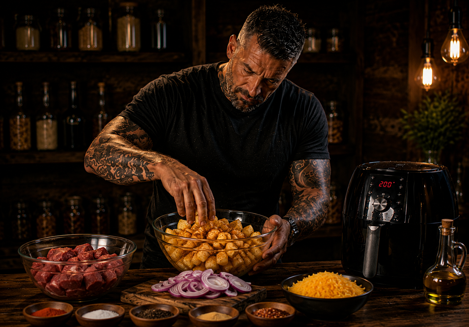 Air-Fryer Cowboy Beef Potato Skillet Trays preparation stage