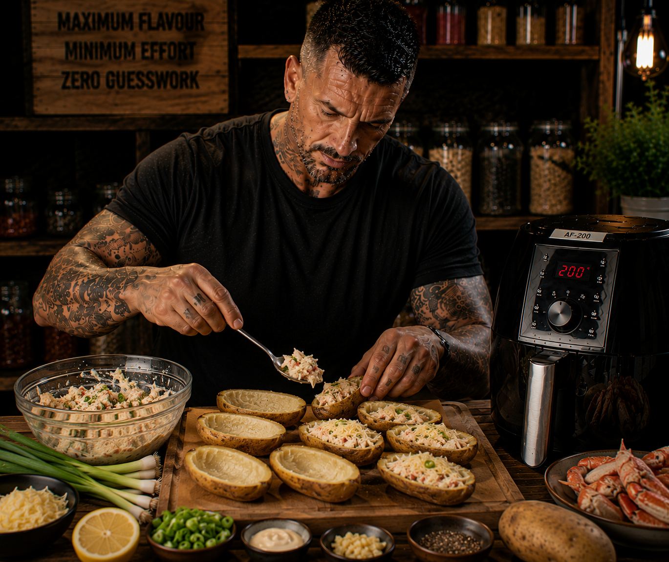 Air-Fryer Crab & Cheese Loaded Potato Skins preparation stage