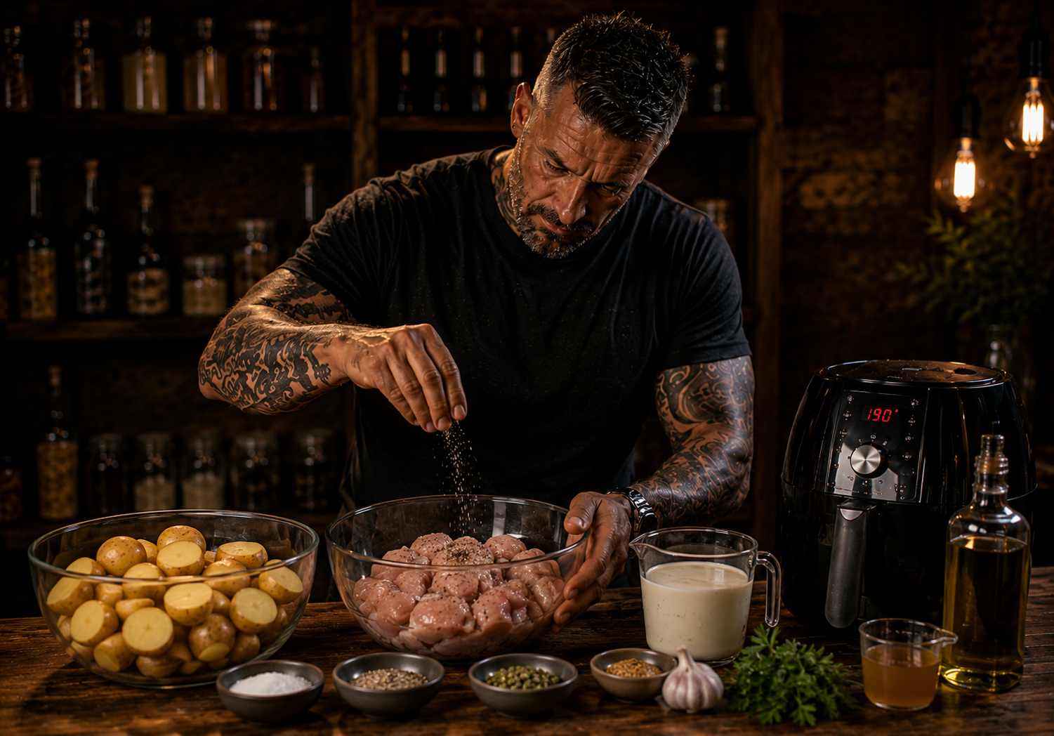 Air-Fryer Creamy Peppercorn Chicken Potato Pots preparation stage