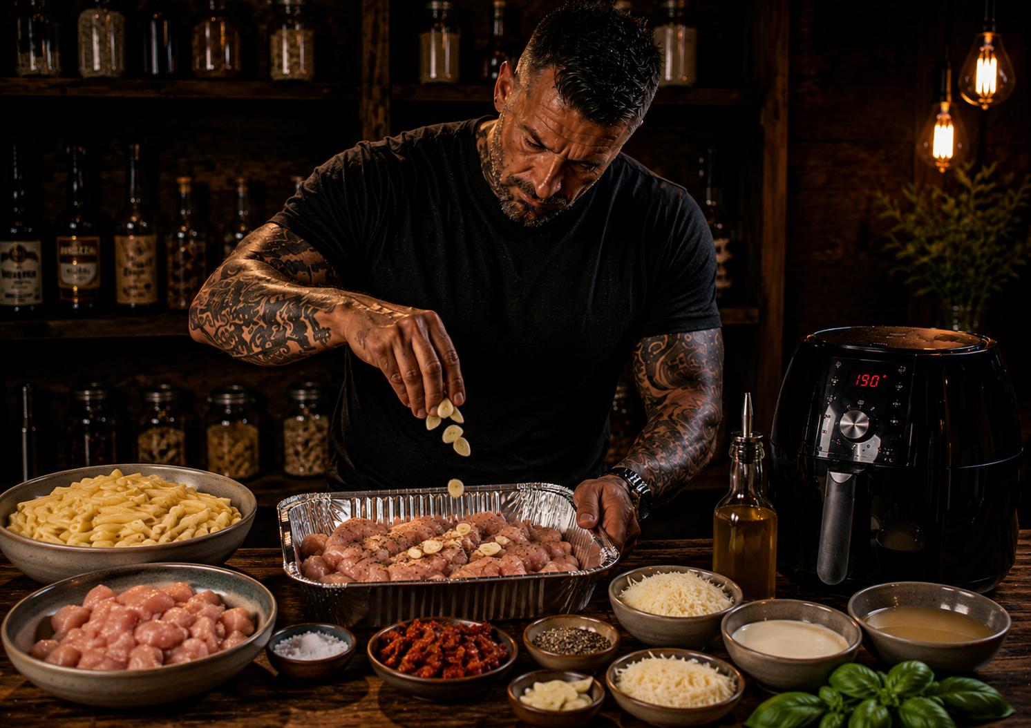 Air-Fryer Creamy Tuscan Chicken Pasta Pots preparation stage