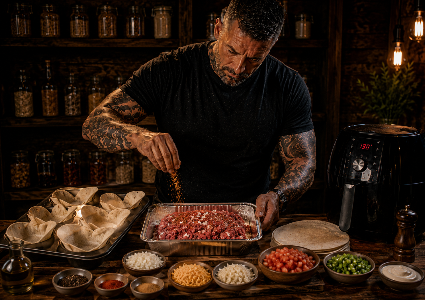 Air-Fryer Crispy Beef Taco Cups preparation stage