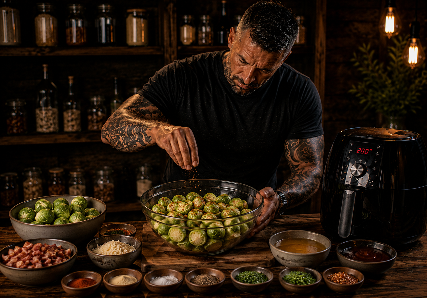 Air Fryer Crispy Burnt-end Brussels Sprouts preparation stage