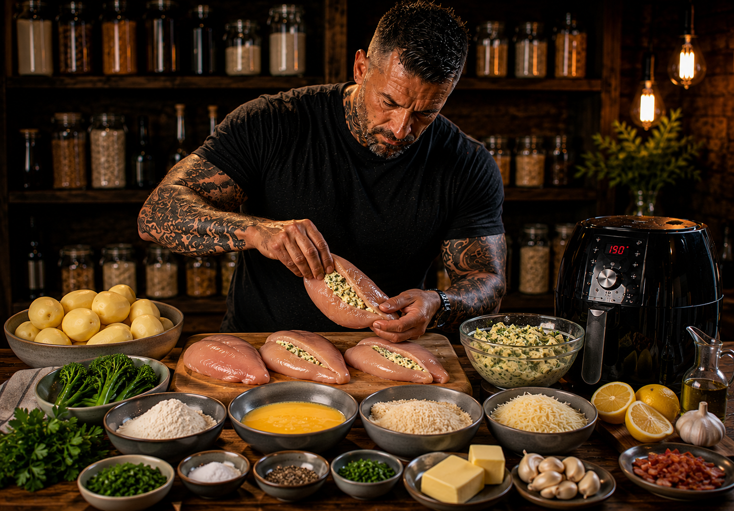 Air-Fryer Crispy Chicken Kyiv Loaded Mash Bowls preparation stage