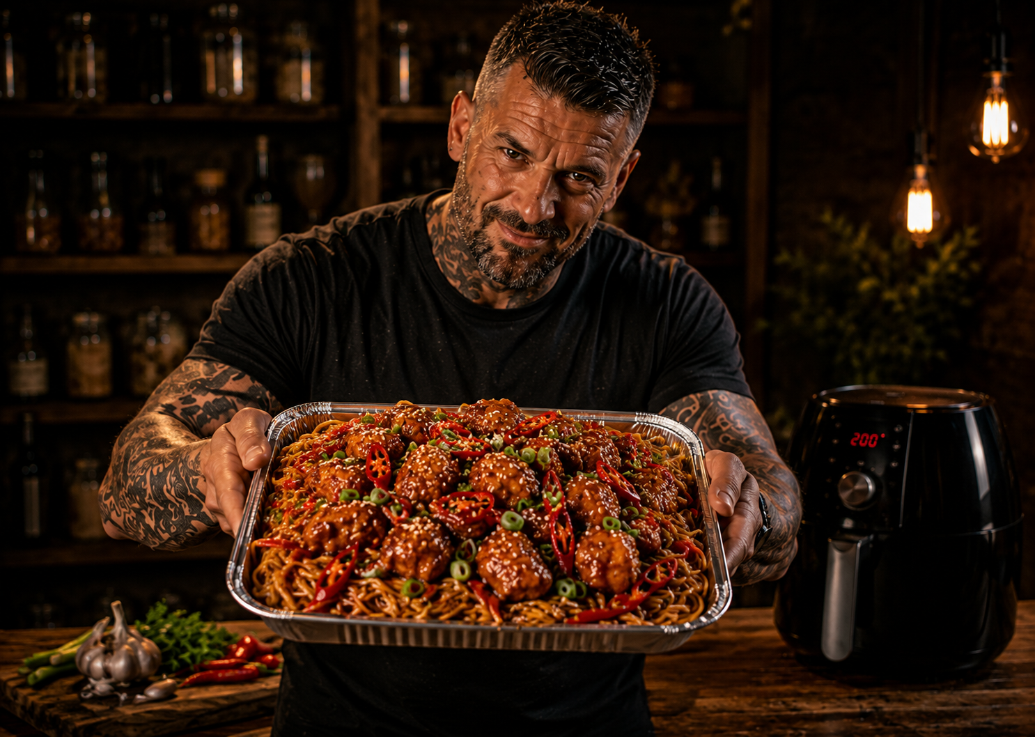 Air-Fryer Crispy Chilli Chicken Noodle Trays
