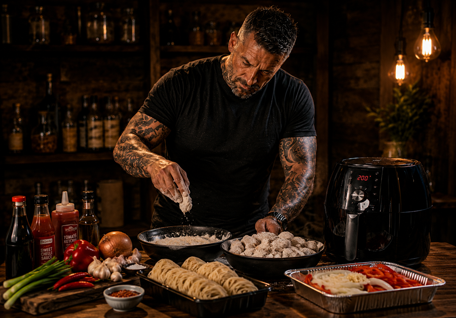 Air-Fryer Crispy Chilli Chicken Noodle Trays preparation stage