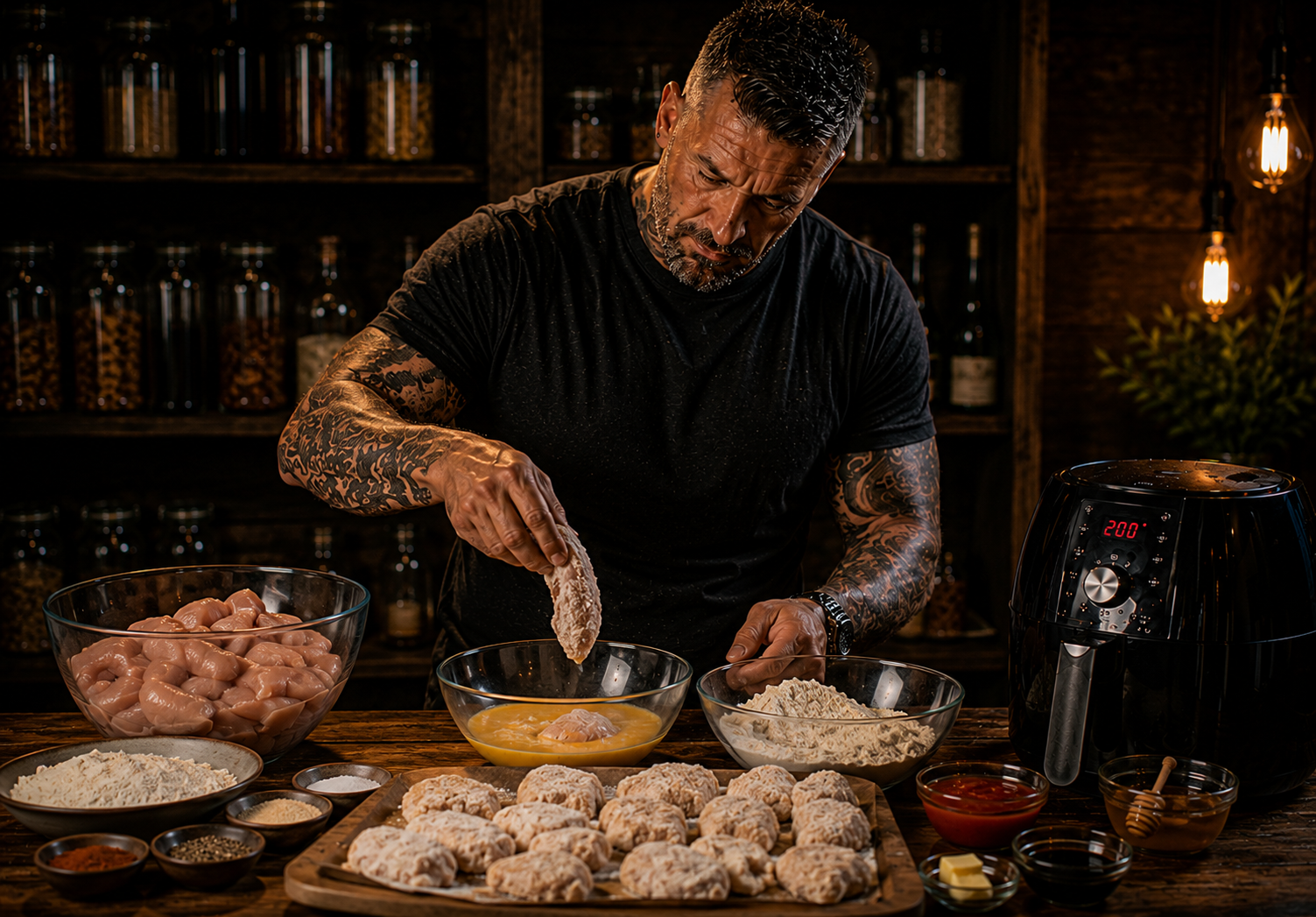 Air-Fryer Crispy Honey Sriracha Chicken Nuggets preparation stage