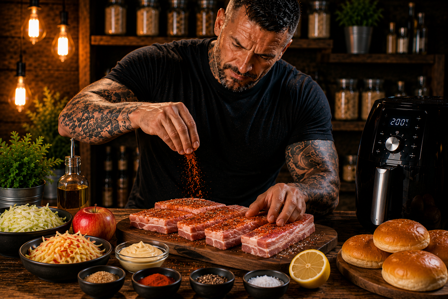 Air-Fryer Crispy Pork Belly & Apple Slaw Baps preparation stage