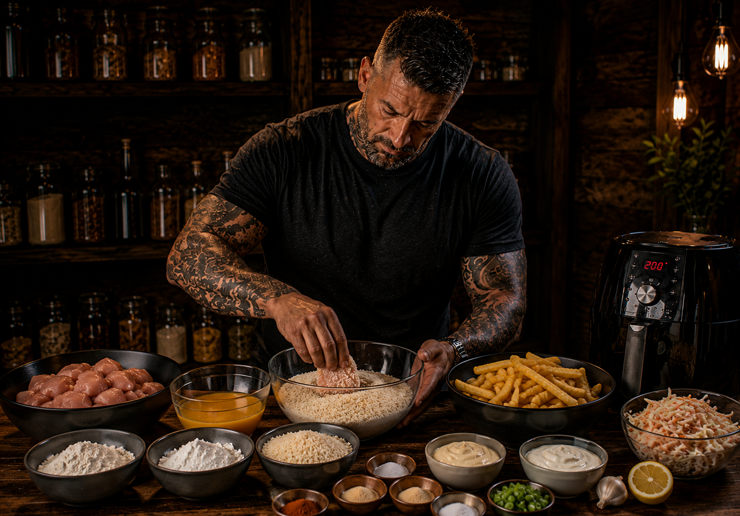 Air-Fryer Crispy Ranch Chicken Popcorn Bowls preparation stage