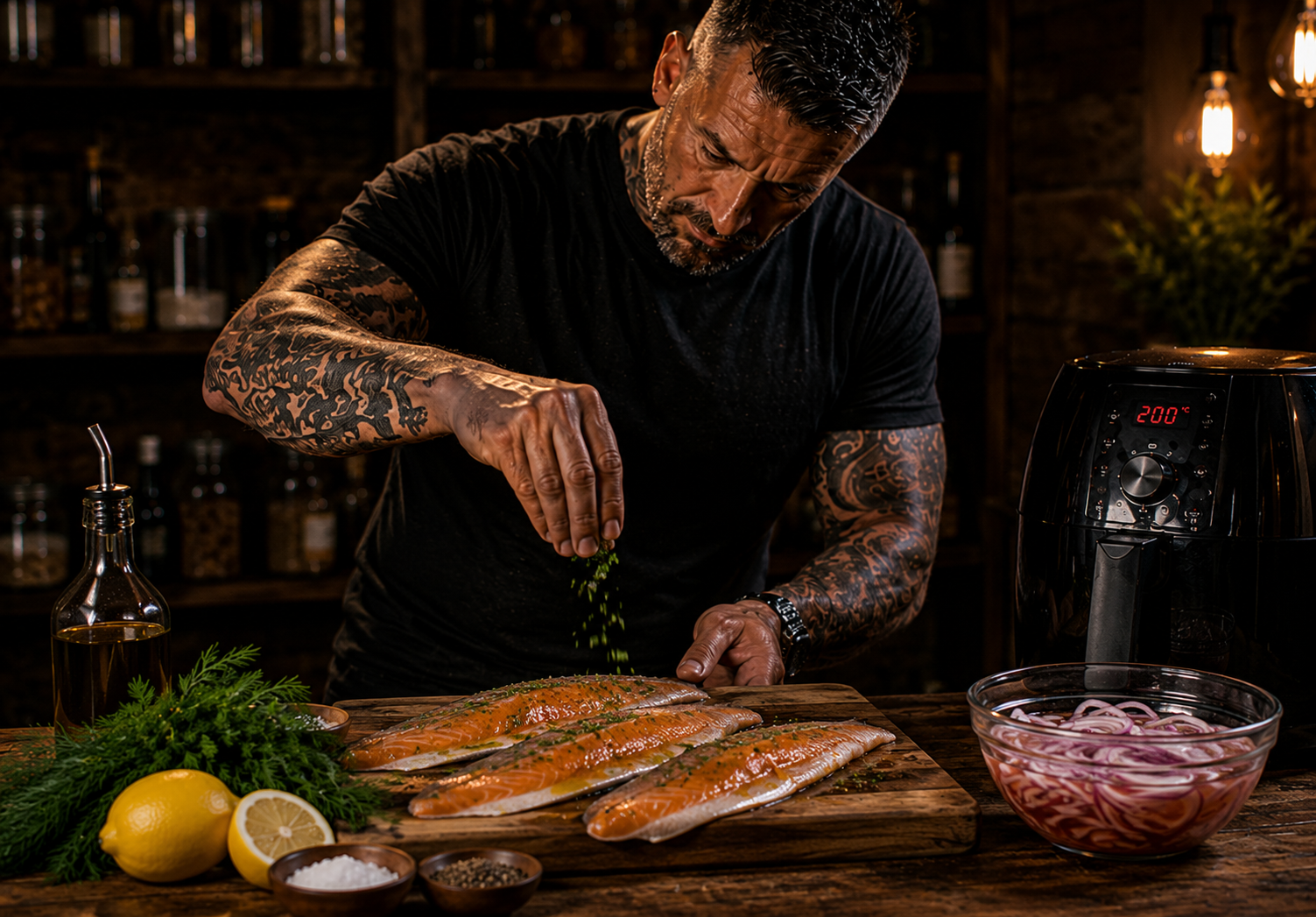 Air-Fryer Nordic Crispy Trout with Pickled Onion preparation stage