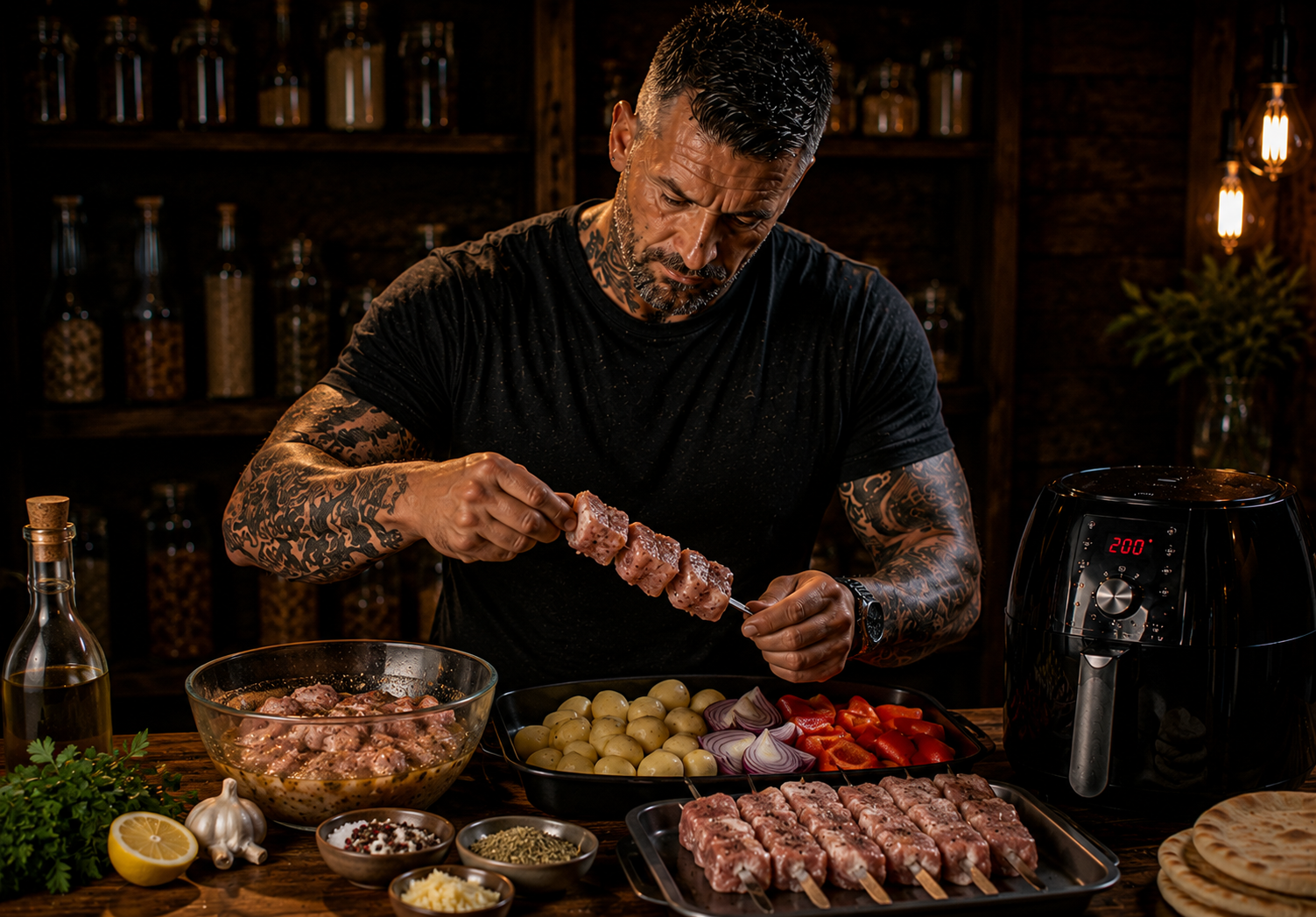 Air-Fryer Croatian Black Pepper Pork Skewer Trays preparation stage
