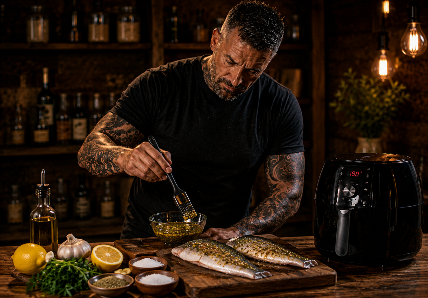 Air-Fryer Greek Taverna Herb-Crusted Sea Bass preparation stage