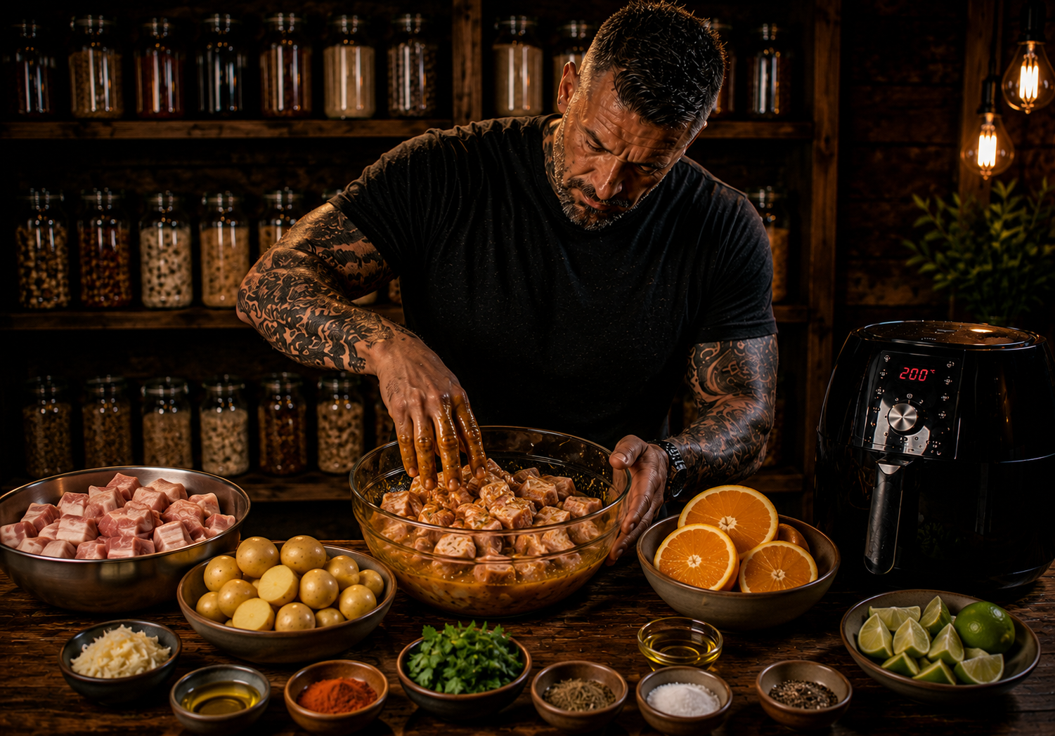 Air-Fryer Cuban Mojo Pork Belly Bites preparation stage