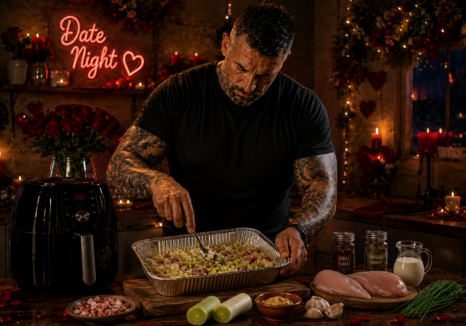 Air-Fryer Champagne-Style Chicken with Leeks & Pancetta preparation stage