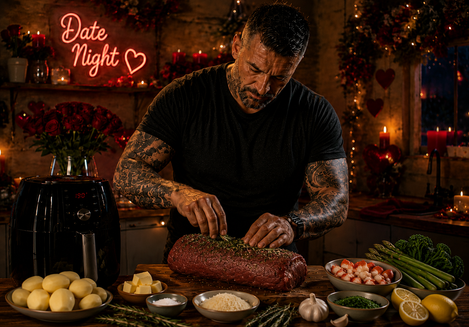 Air-Fryer Chateaubriand with Garlic Lobster Butter & Parmesan Fondant Potatoes preparation stage