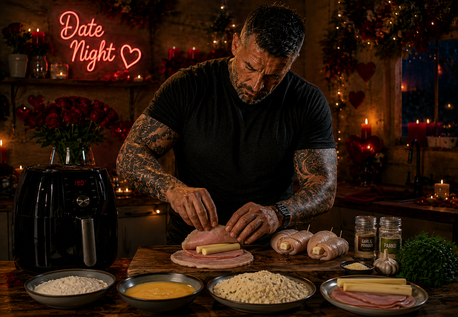 Air-Fryer Chicken Cordon Bleu Roulade with Gruyère Cream preparation stage