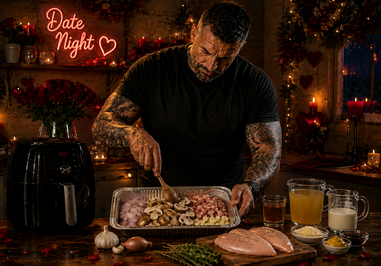 Air-Fryer Chicken Forestière with Bacon, Mushrooms & Brandy Cream preparation stage