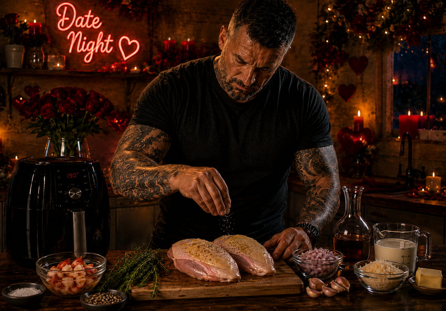 Air-Fryer Chicken Supreme with Lobster, Tarragon & Cognac Cream preparation stage