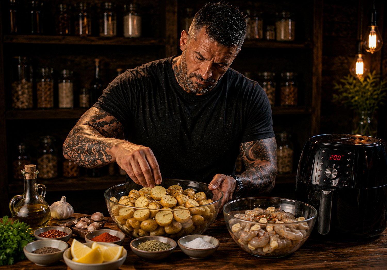 Air-Fryer Dalmatian Garlic Prawn Potato Pots preparation stage