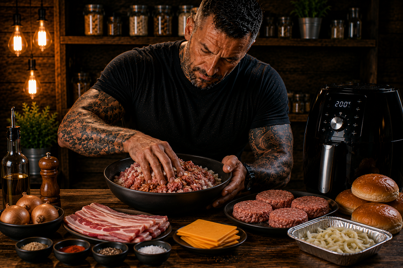 Air-Fryer Dirty Bacon Pork Burger Melts preparation stage
