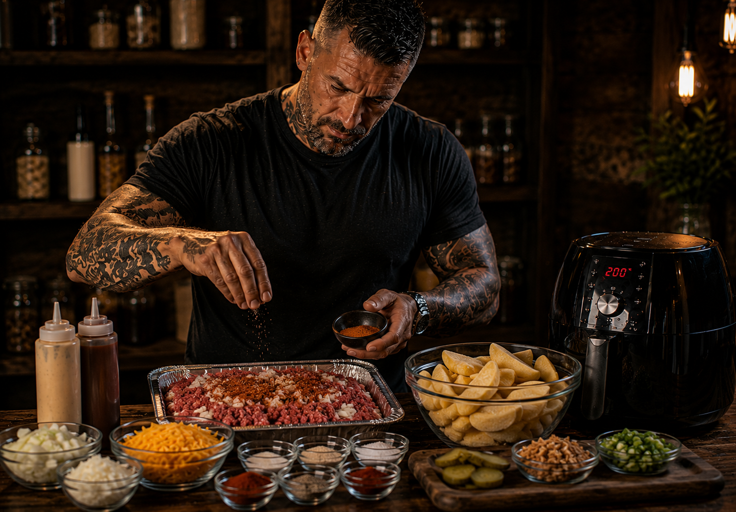 Air-Fryer Dirty BBQ Cheeseburger Wedges preparation stage