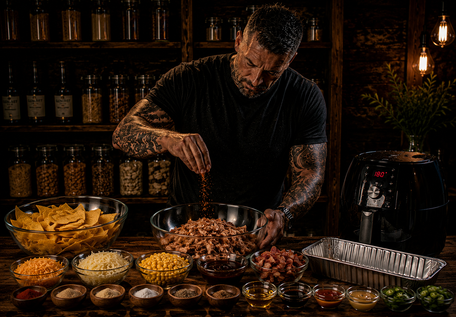 Air Fryer Dirty Smokehouse Chicken Nachos preparation stage