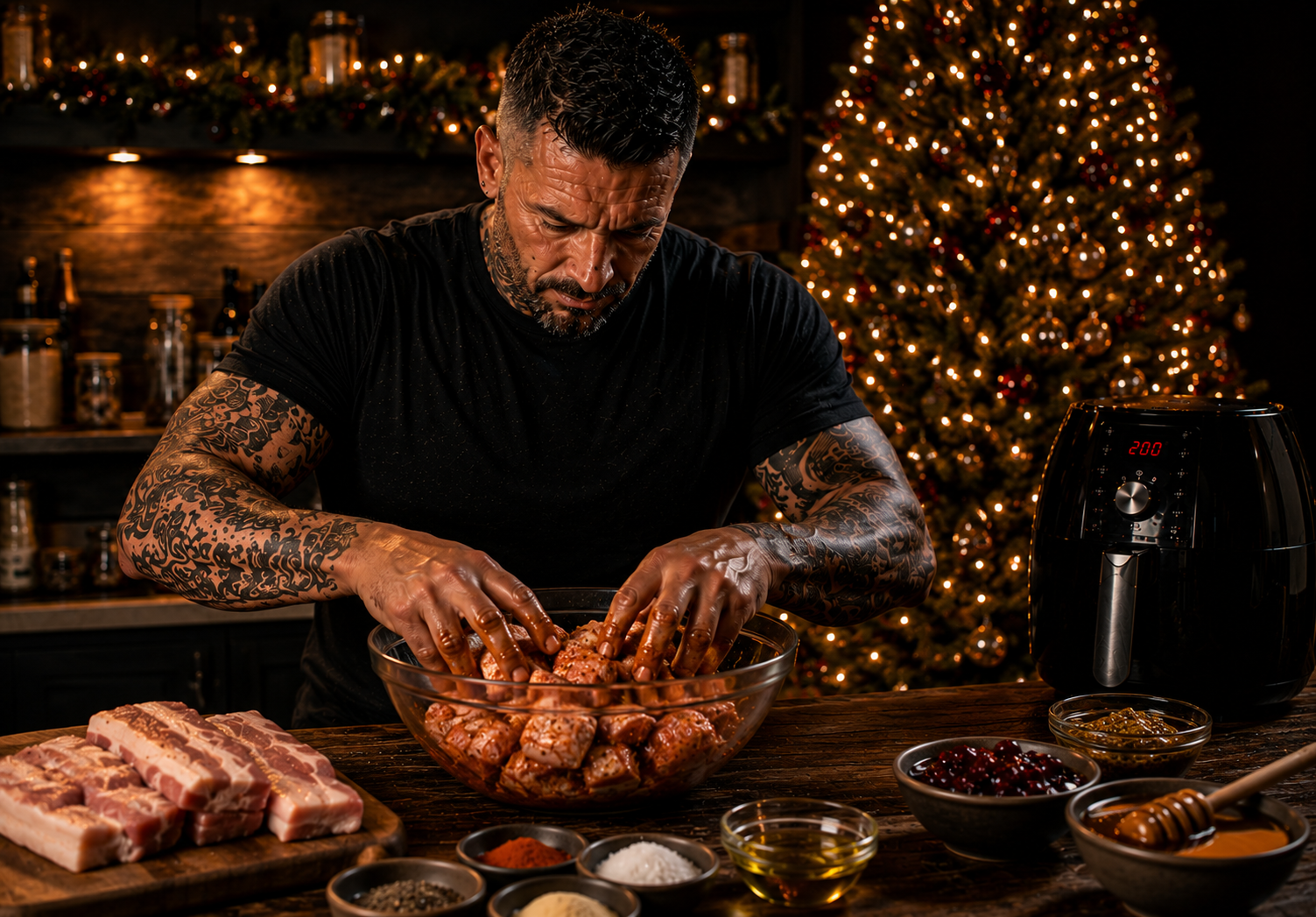 Air-Fryer Festive Pork Belly Burnt Ends preparation stage