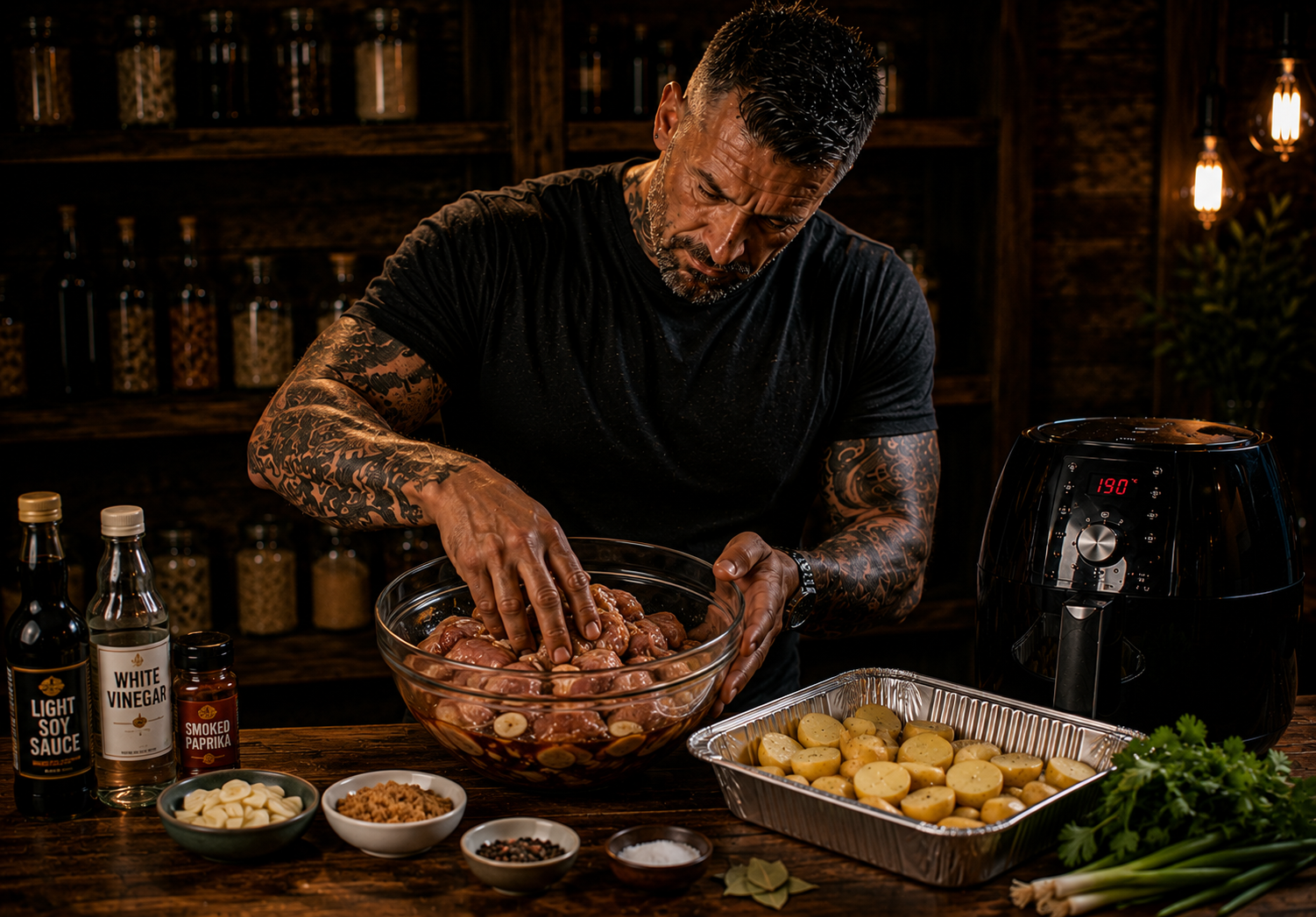 Air-Fryer Filipino Chicken Adobo Potato Trays preparation stage