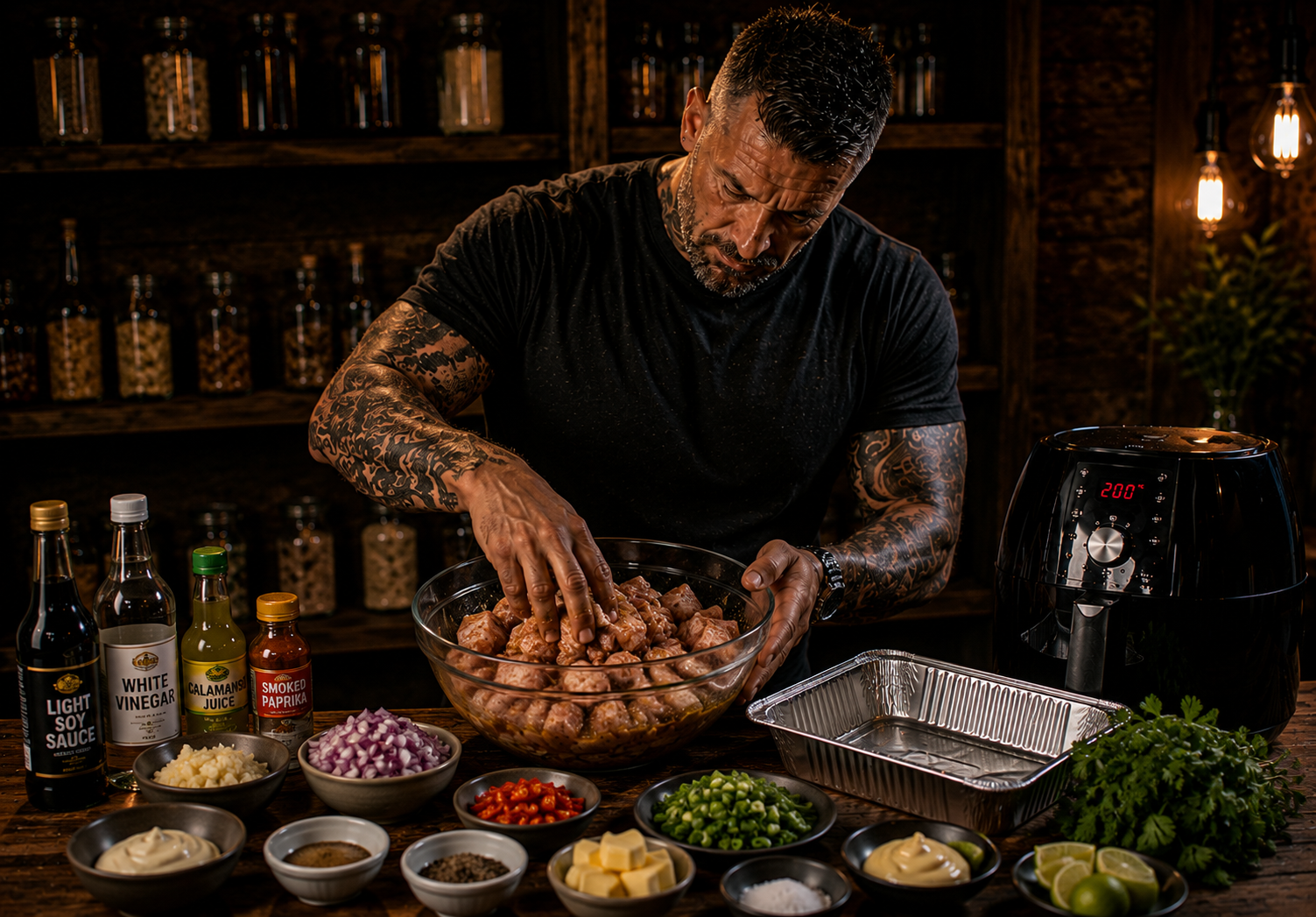 Air-Fryer Filipino Pork Belly Sisig Pots preparation stage