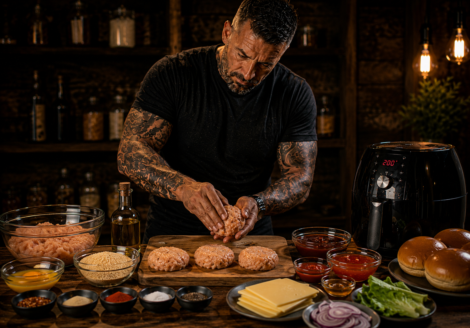 Air-Fryer Firecracker BBQ Chicken Burgers preparation stage