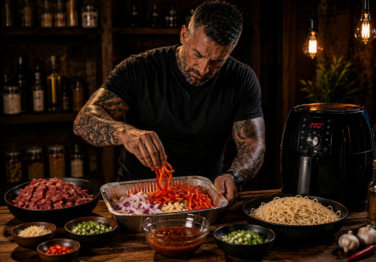 Air-Fryer Firecracker Beef Noodle Boxes preparation stage