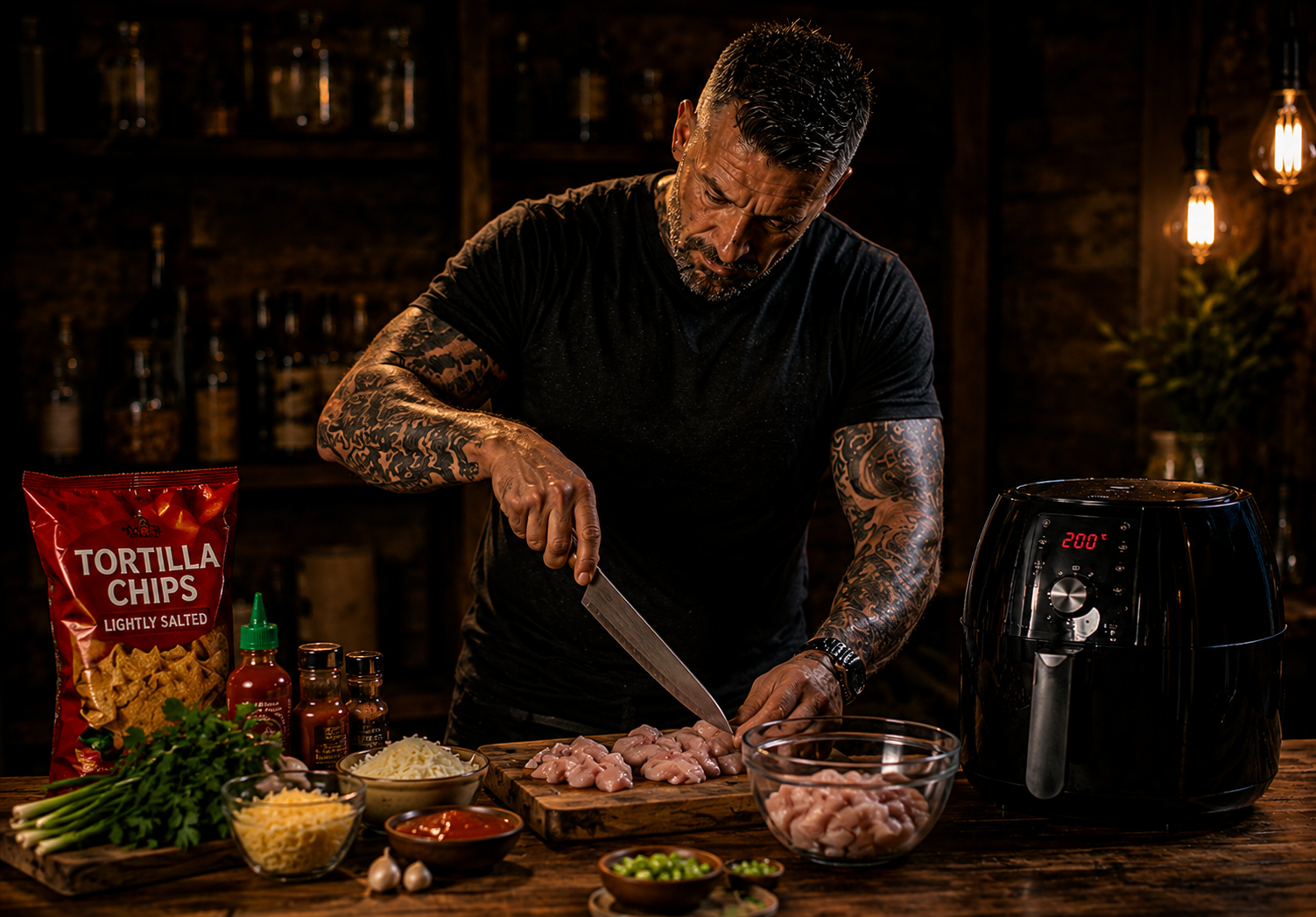 Air-Fryer Firecracker Chicken Loaded Nachos preparation stage