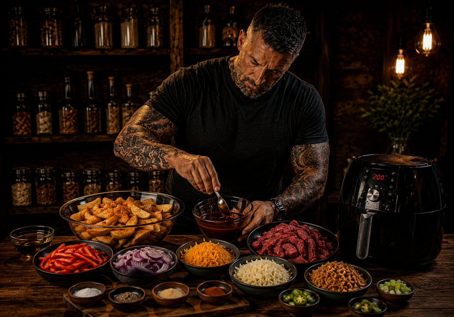 Air Fryer Firecracker Steak Loaded Wedges preparation stage