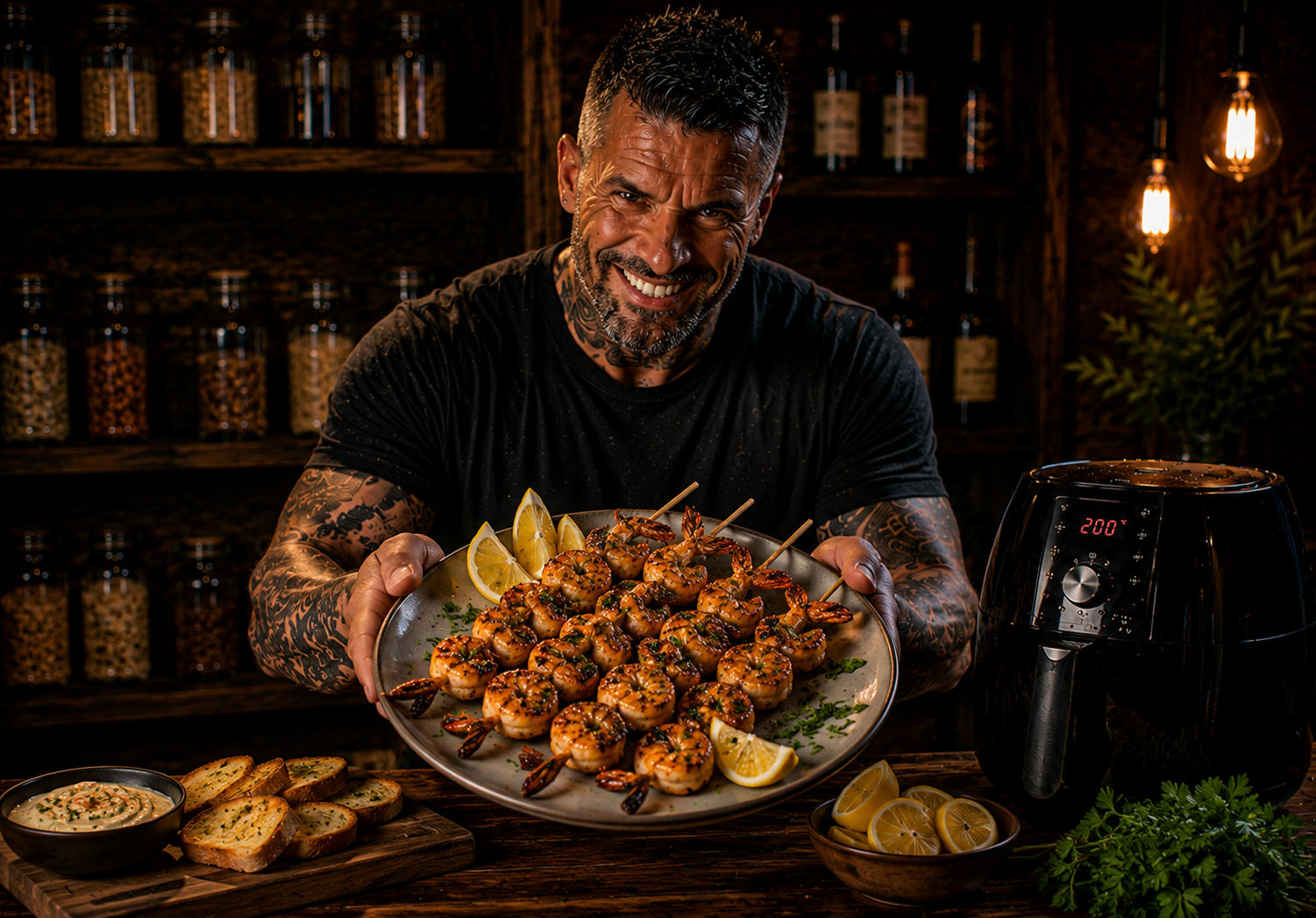 Air Fryer Firepit Garlic Butter Prawn Skewers