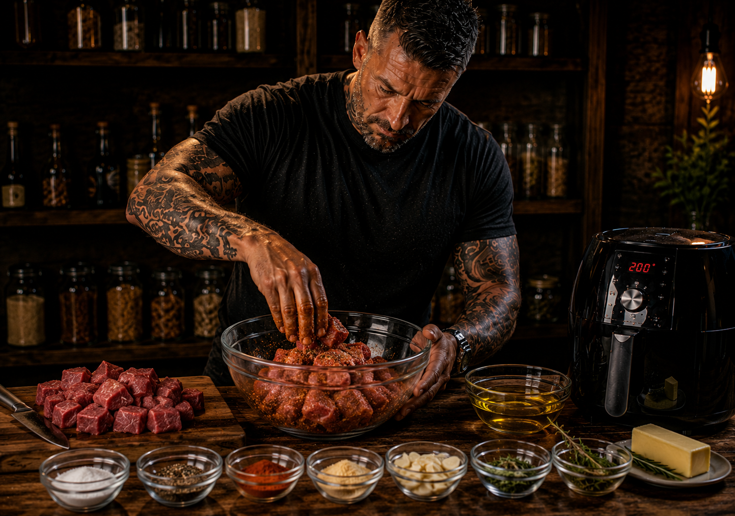 Air-Fryer Firepit Garlic Butter Steak Bites preparation stage