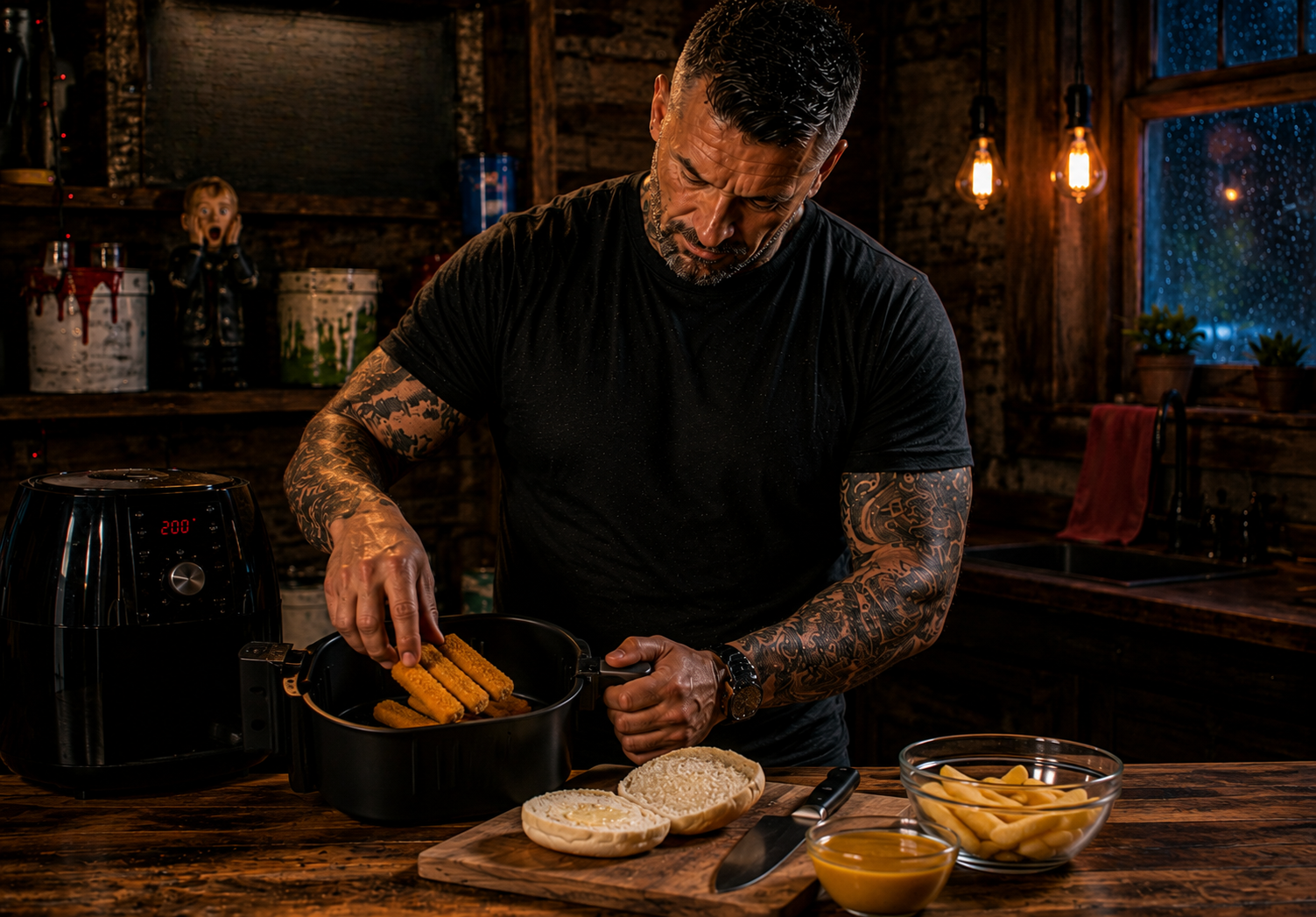 Air-Fryer Fish Finger Curry Chip Butty preparation stage