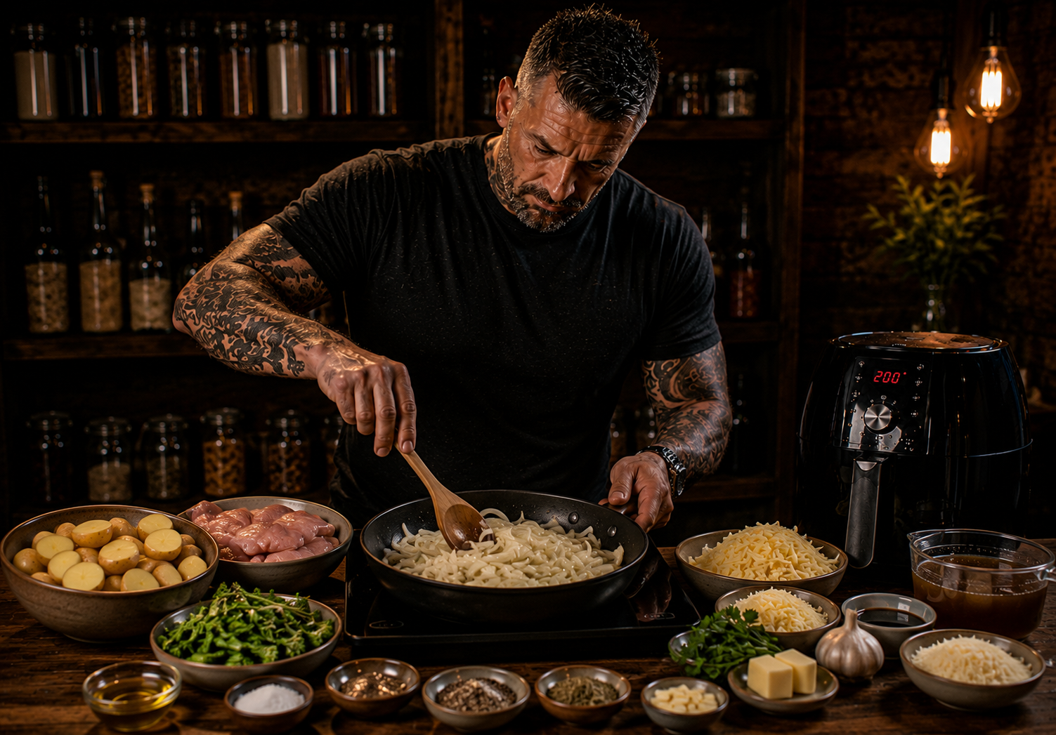 Air-Fryer French Onion Chicken Gratin Trays preparation stage