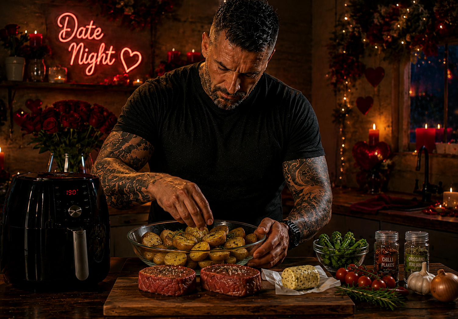 Air-Fryer Fillet Steak with Café de Paris Butter & Rosemary Potatoes preparation stage