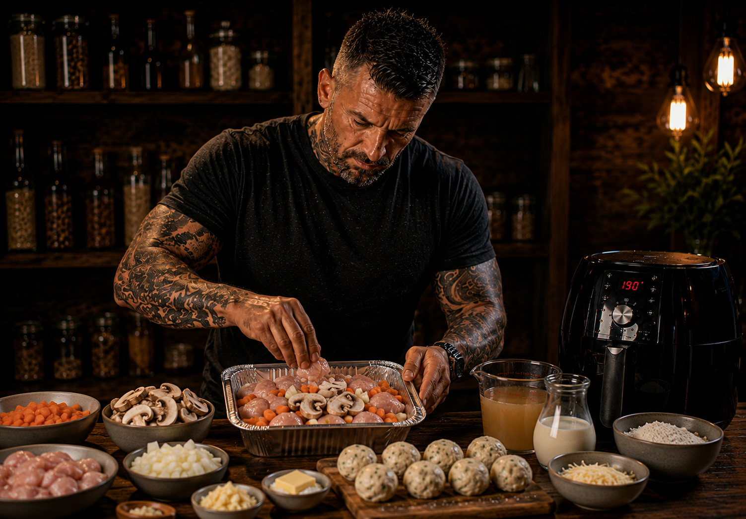 Air-Fryer Garlic Butter Chicken Dumpling Pots preparation stage