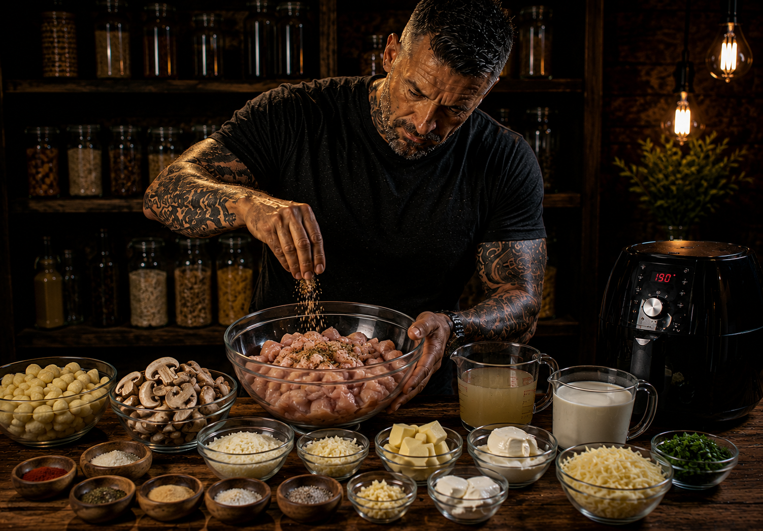 Air-Fryer Garlic Butter Chicken Gnocchi Bake preparation stage