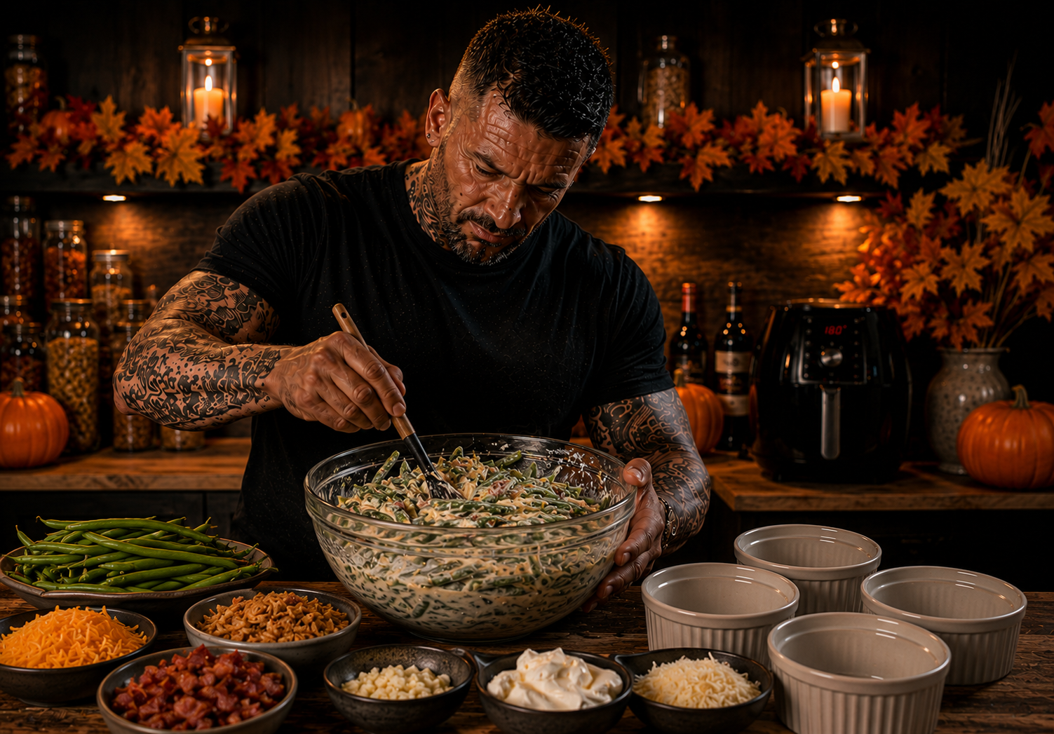 AIR-FRYER GARLIC BUTTER GREEN BEAN CASSEROLE POTS preparation stage