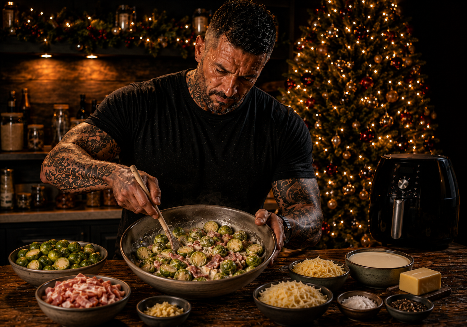 Air-Fryer Garlic Butter Sprout Gratin Pots preparation stage