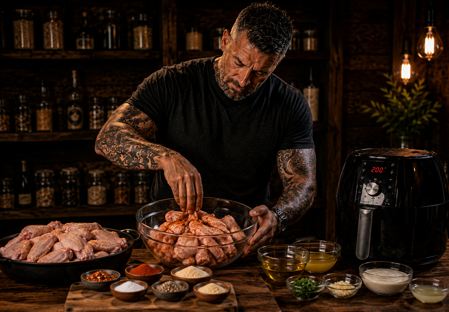 Air Fryer Garlic Ranch BBQ Wings preparation stage