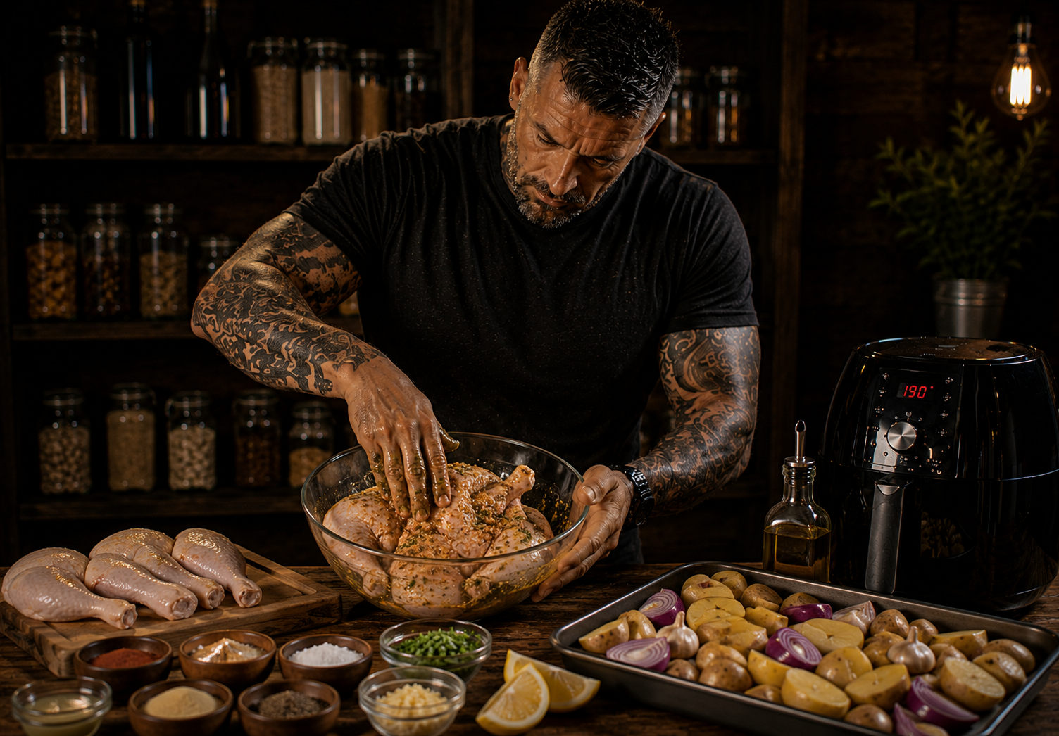 Air-Fryer Garlic Rosemary Chicken Quarter Trays preparation stage