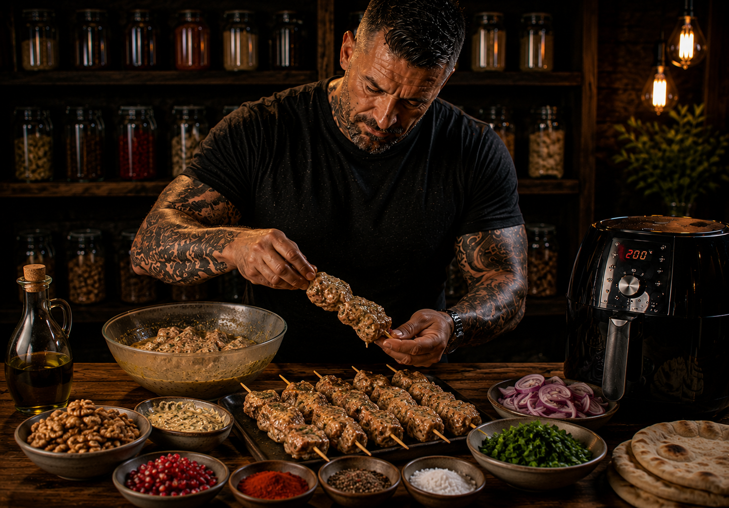 Air-Fryer Georgian Walnut Chicken Skewer Trays preparation stage